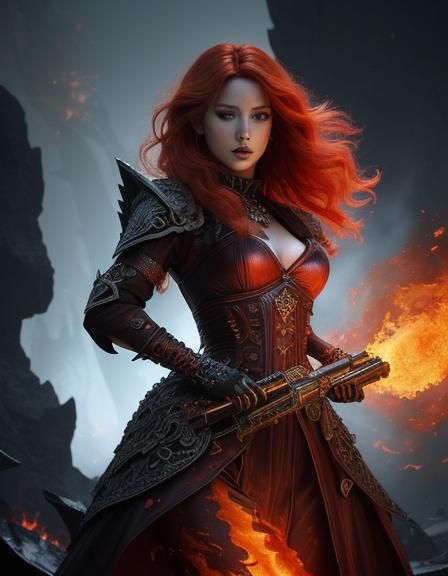 a Fierce Feral Fiery Feisty Female red head woman made out of fire and ...