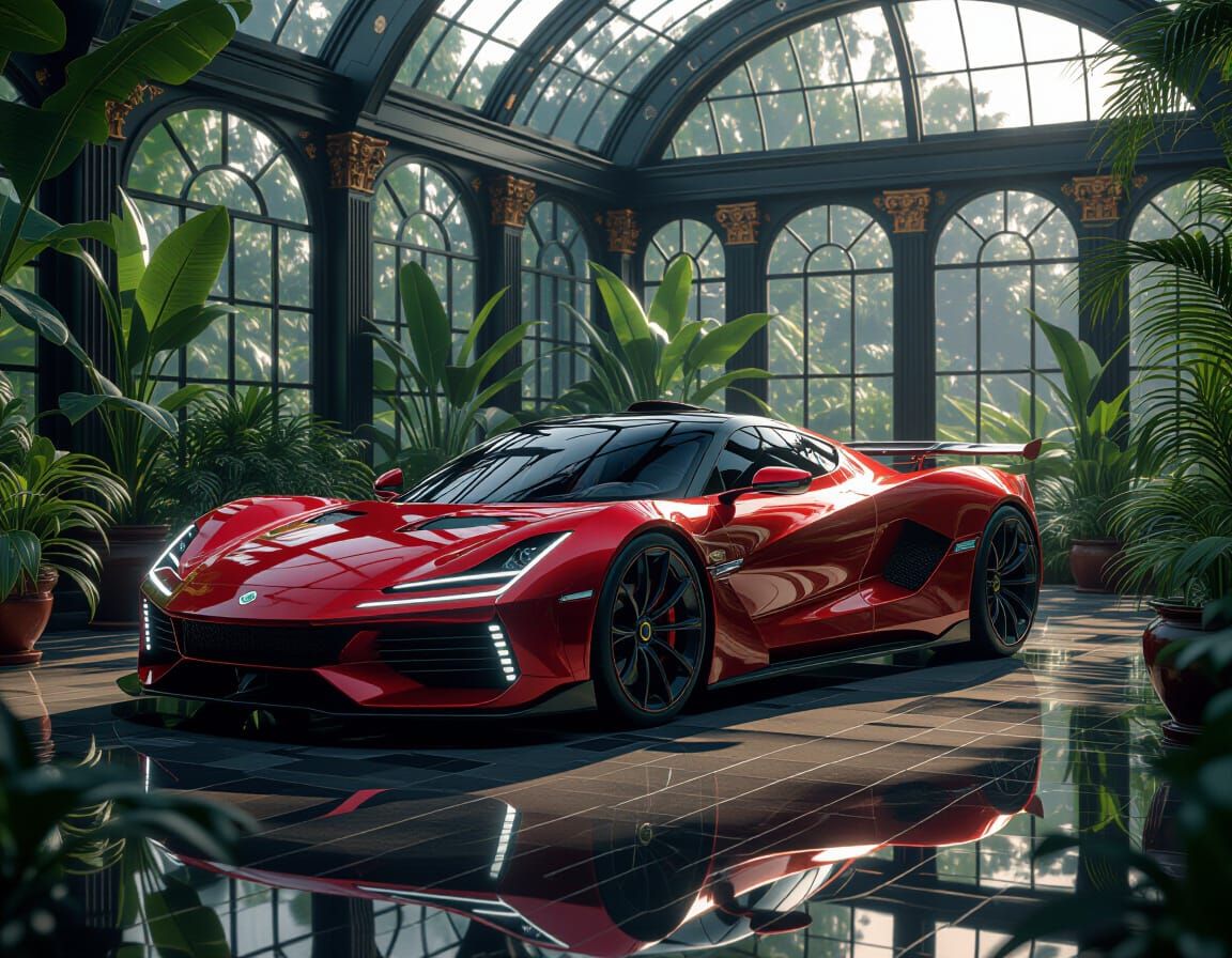 A dark red Lotus Evija spots motor in a beautiful greenhouse. 1  by @Queen274