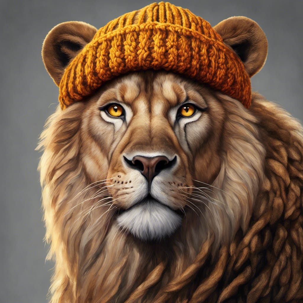 Lion in a knitted hat