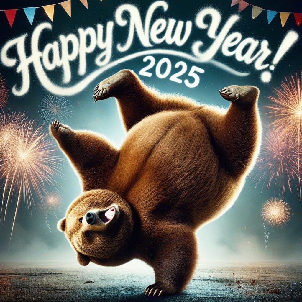 excited obese Grizzly Bear; doing a handstand; in an Exaggerated pose; with feet pointing up; calligraphic smoke says: "HAPPY NEW YEAR! 2025...