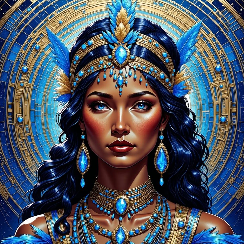 <lora:Native Art Deco:1.0> art Deco portrait of a native woman in Royal blue sky blue and pale blue with gold filigree