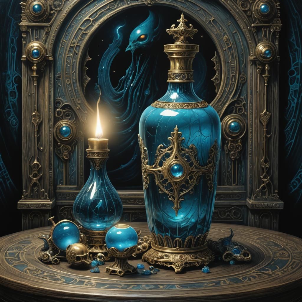 Surrealist tarot art. Close-up. A glowing blue potion bottle...