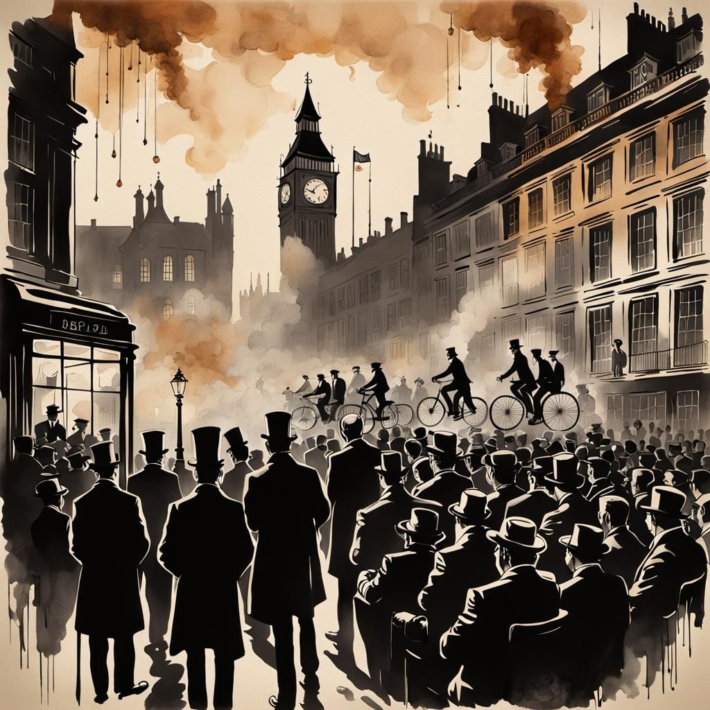 In the time peroid of 18 hundreds show a gentlmens club in London full of business men and royal courtiers on bicycles and penny farthings f...