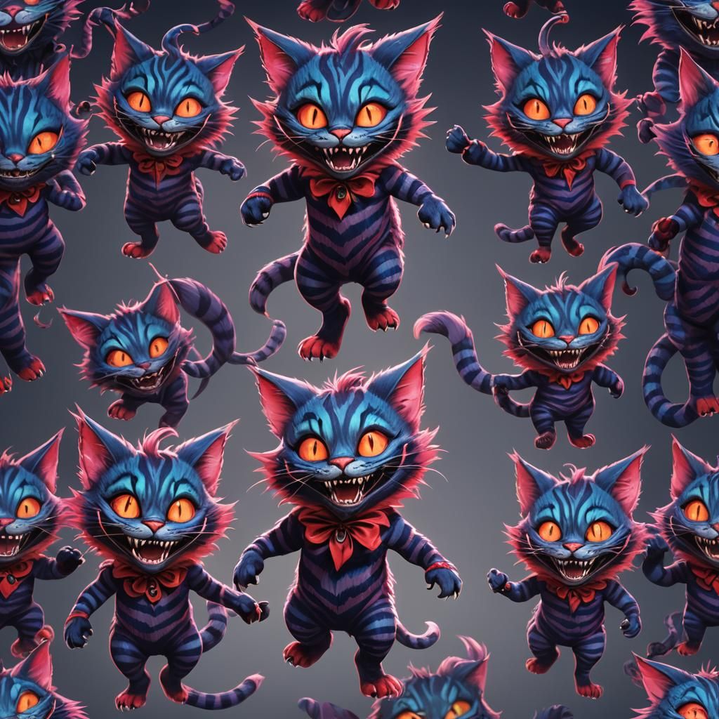 (neon red on dark blue striped) bipedal humanoid Cheshire ca...