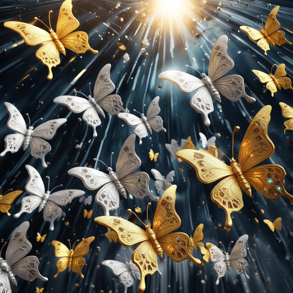Silver and Gold Crystal Butterflies flying into the Sunlight...
