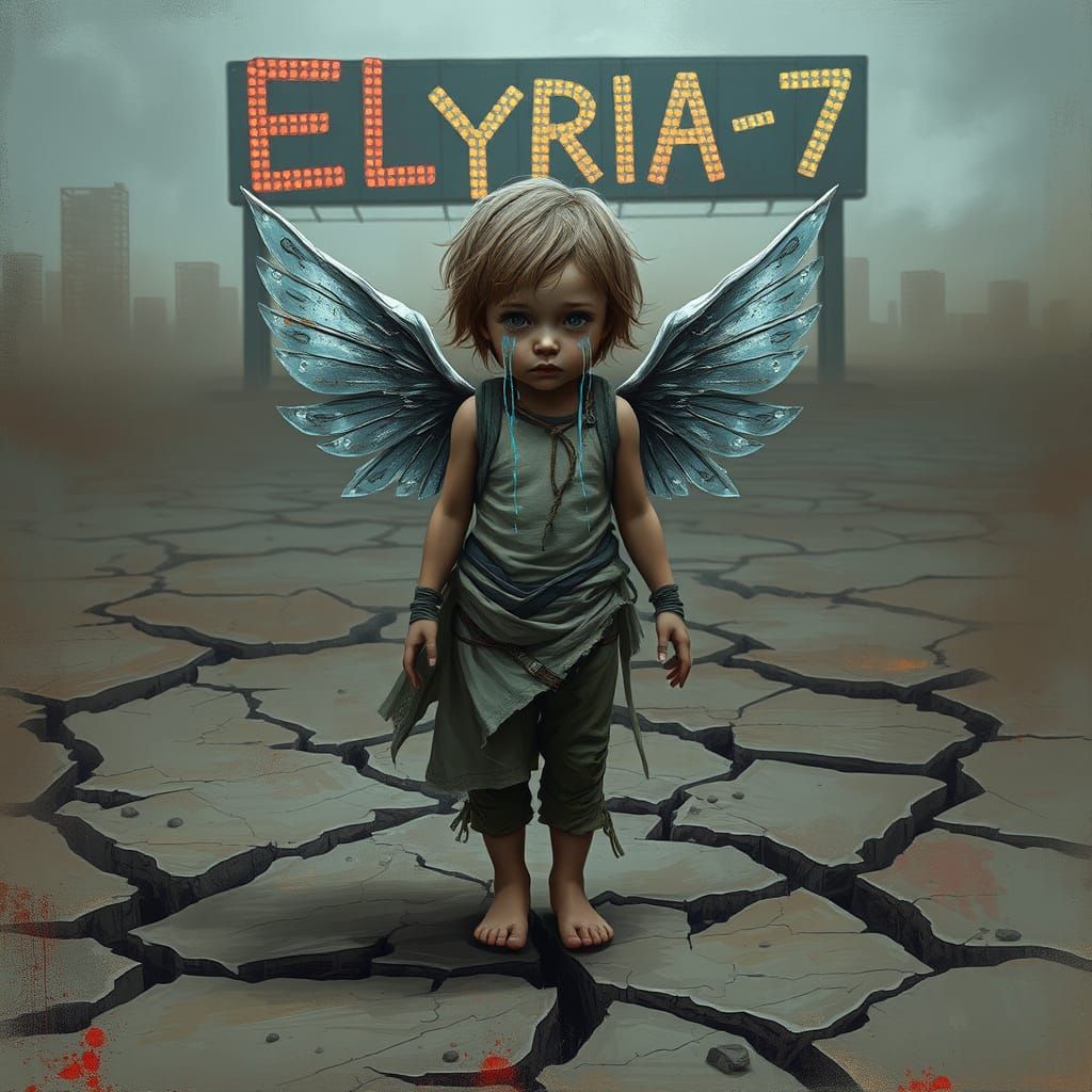 childlike figure with artificial wings. There must be a sense of cracked or broken ground beneath their feet. She is crying tears of irrides...