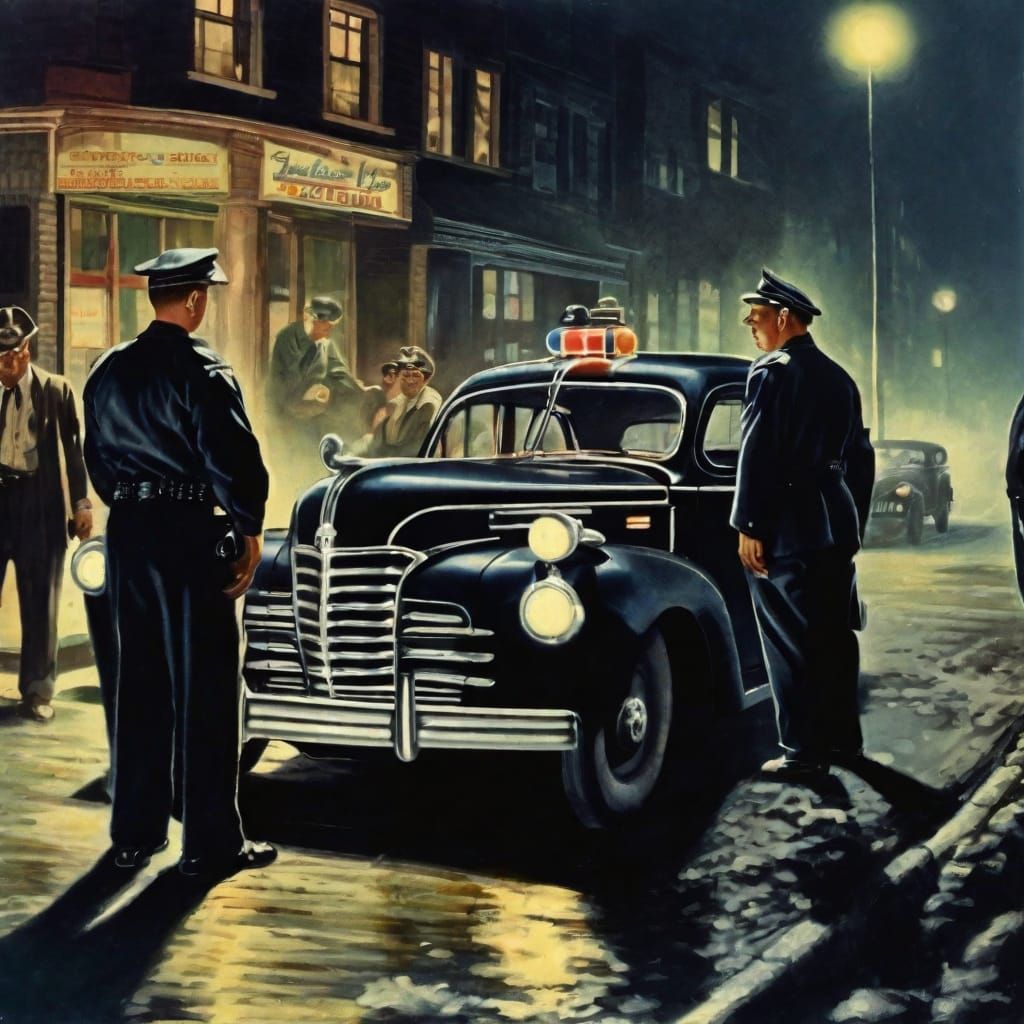 1945 police officers with black & white car with lights, arresting gangsters, at night, in color