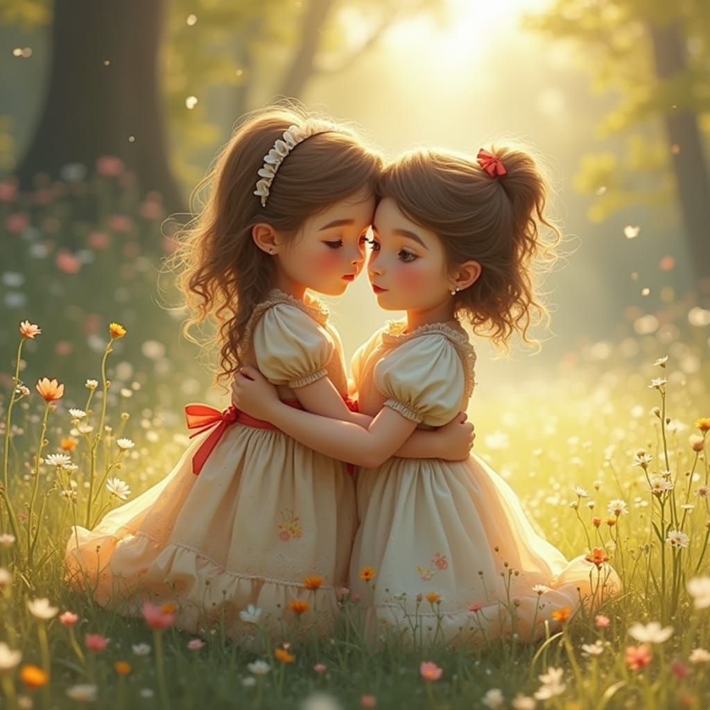 Sisters' Embrace: Whimsical Art with Soft Textures