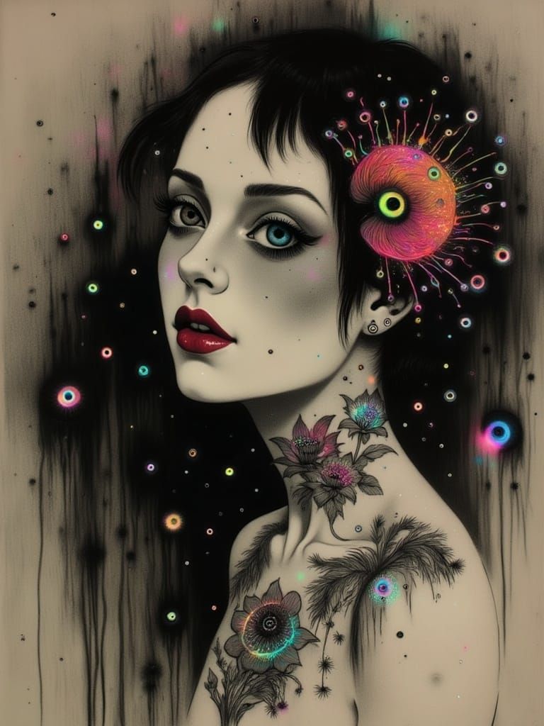 Liza Minelli, with Black and white iridescent tattoo collage scrapbook drawing style of J. C. Leyendecker Bohemian abstr...
