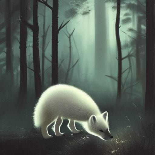 A small baby arctic fox wandering a forest at night