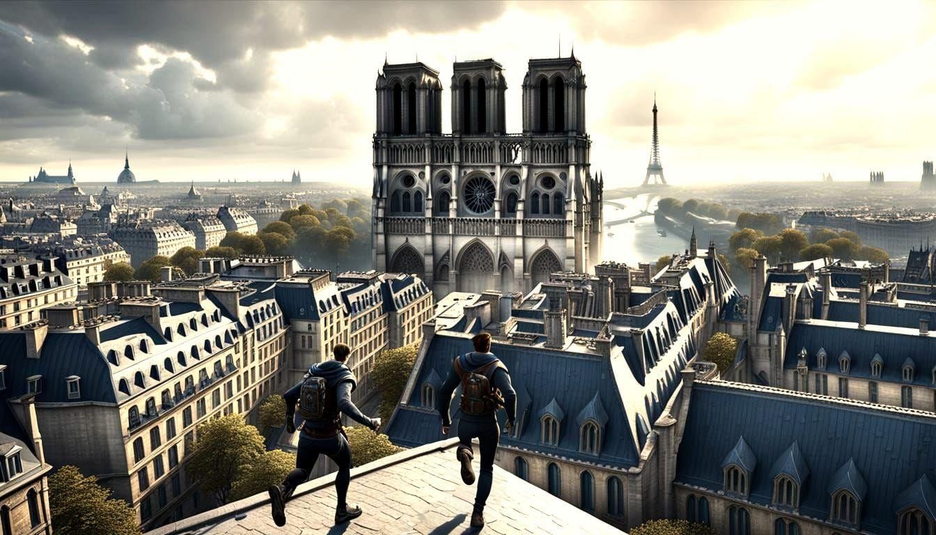 A boy running on Paris rooftops with Notre Dame in the background