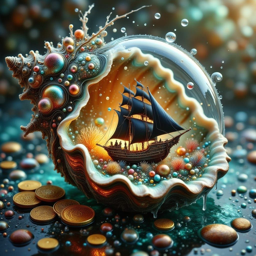 <lora:Alcoholic Inks:1.0> <lora:FiosFantasySeashells:1.0> Fantasy seashell painting with a captain black beard boat in a bottle in the seashell wi...