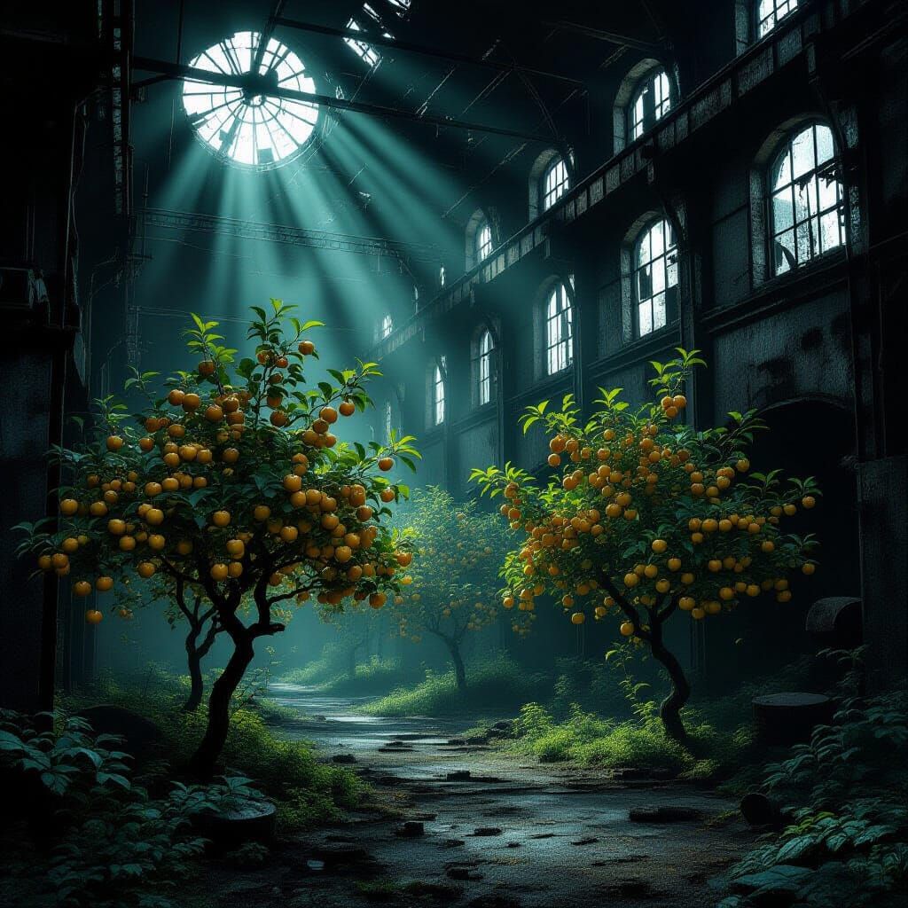 Image of a old dark and creepy abandoned steel mill a beautiful orchad of small trees with Golden Delicious Apples growing on them.