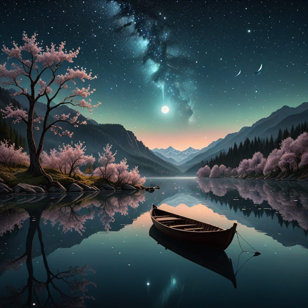 Still Lake Reflecting a Star-Lit Valley