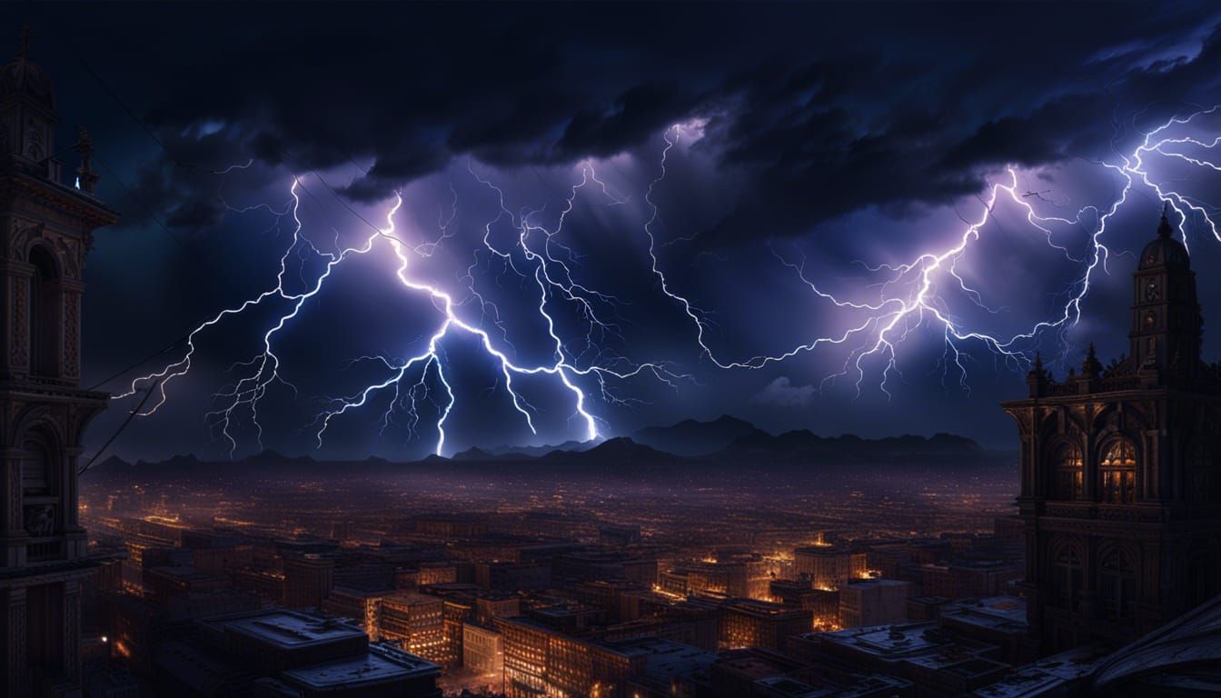 Dramatic Lightningscape at Night in Detailed Digital Paintin...