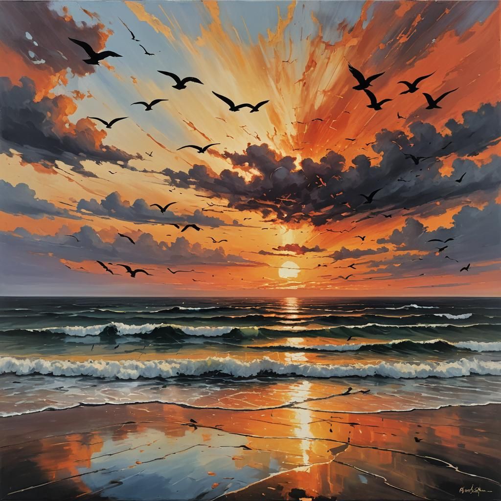 A captivating seascape painting featuring an awe-inspiring sunset...  by @Challenge