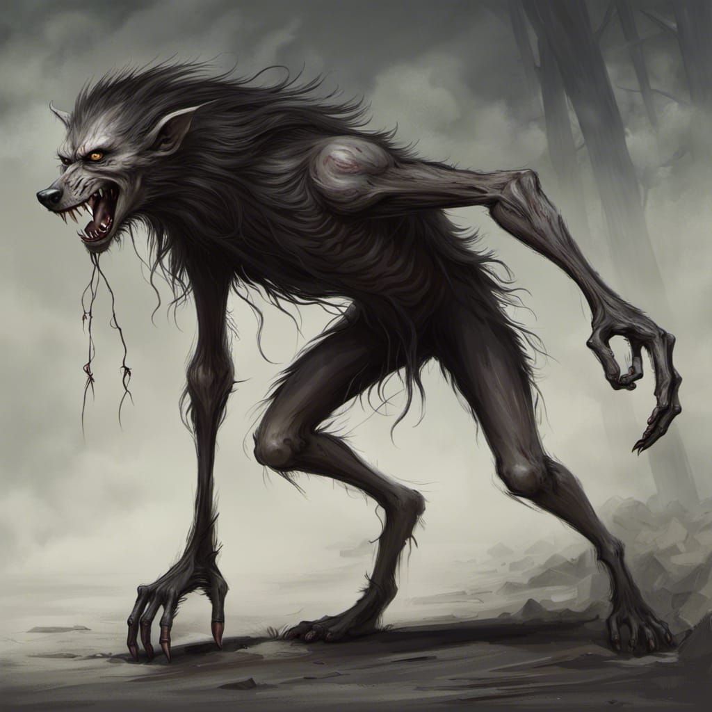 Skinny werewolf with long limbs, dark fantasy, sinister - AI Generated ...