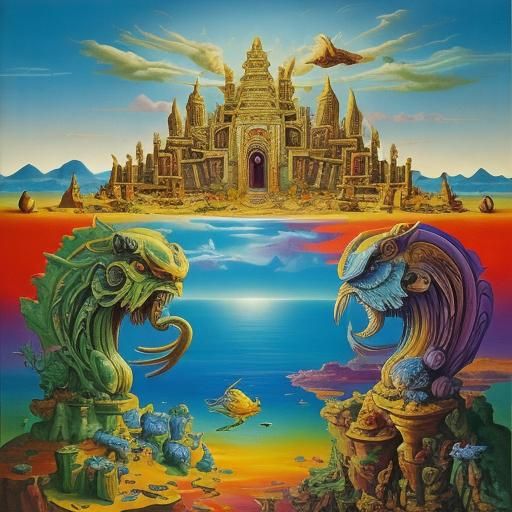Prehistoric Temple with Creatures in Surreal Style