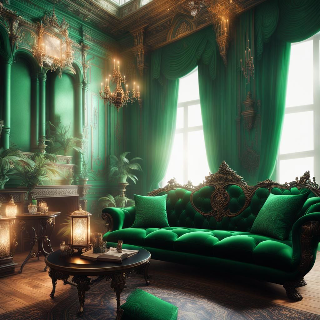 Beautiful gothic Emerald green living room AI Generated Artwork