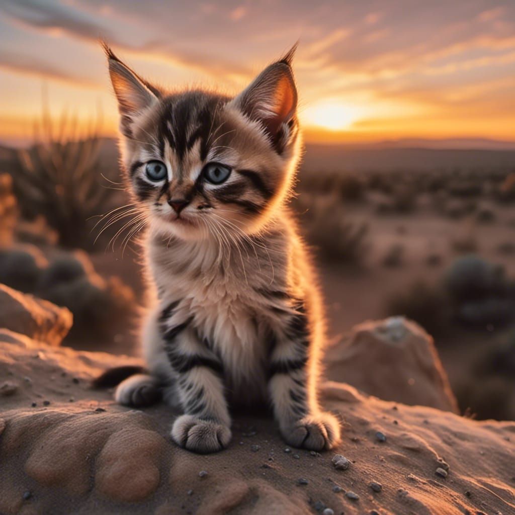 A Grumpy Kitten sitting on a rock, stunning desert sunset. Endless landscape view. <lora:Expresso Shot:1.0> 