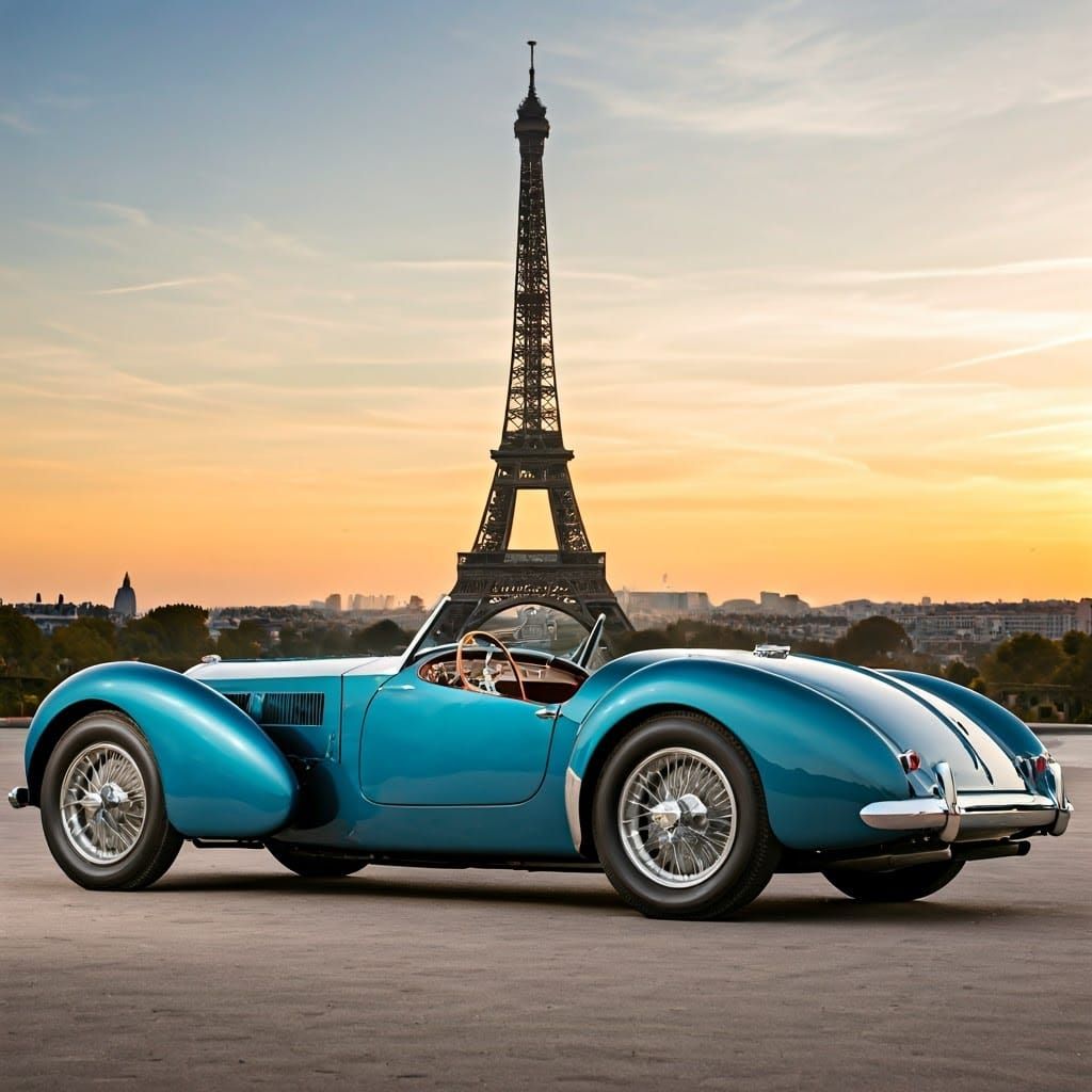 Bugatti Type 57 Atalante in a 1940s Paris behind stands Eiffel tower in sunset