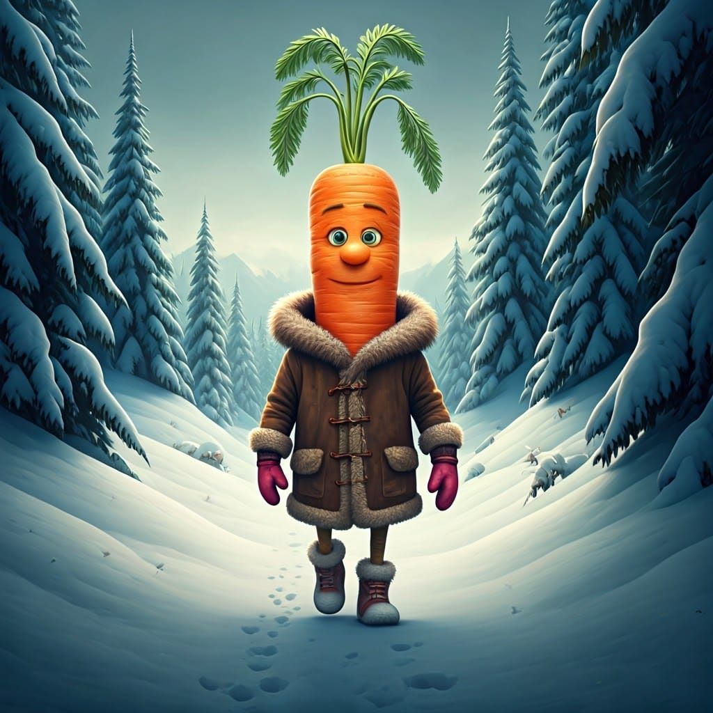 Anthropomorphic Carrot Wades Through Snowy Winter Wonderland