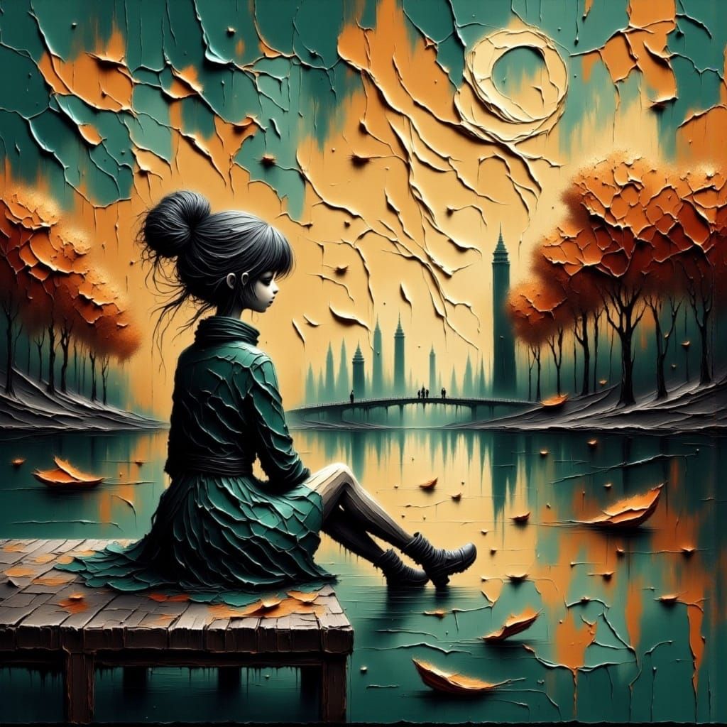 <lora:Moonchild:1.0> <lora:DEEPfeels:1.0> A beautiful stunning women on the edge of the park by a pond the leaves have begun to change and i...