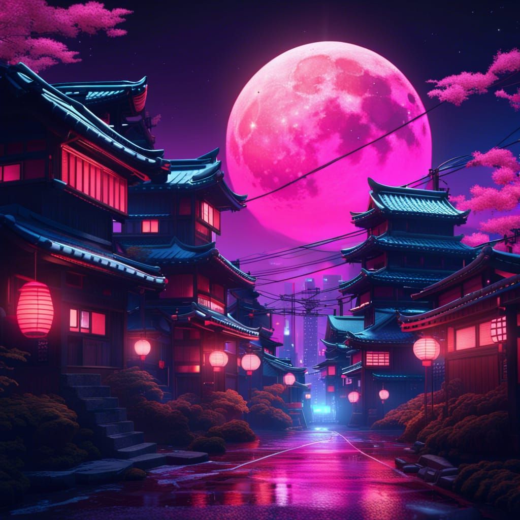 Synthwave japanese town with moon background  by @Hima__