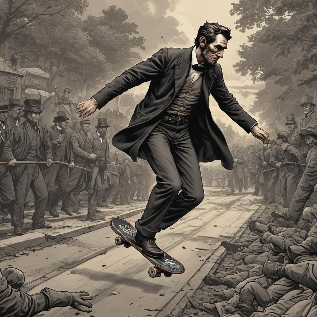 Abe Lincoln riding a skateboard about to attempt a how to a ...