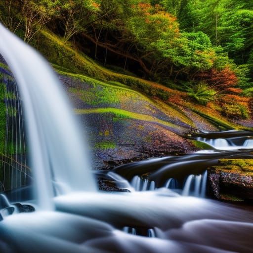A rainbow formed by cascading waterfalls, flowing from the c...