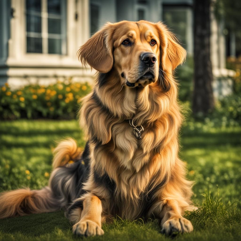 a gray golden retiever dog sitting on a lawn intricate detai...