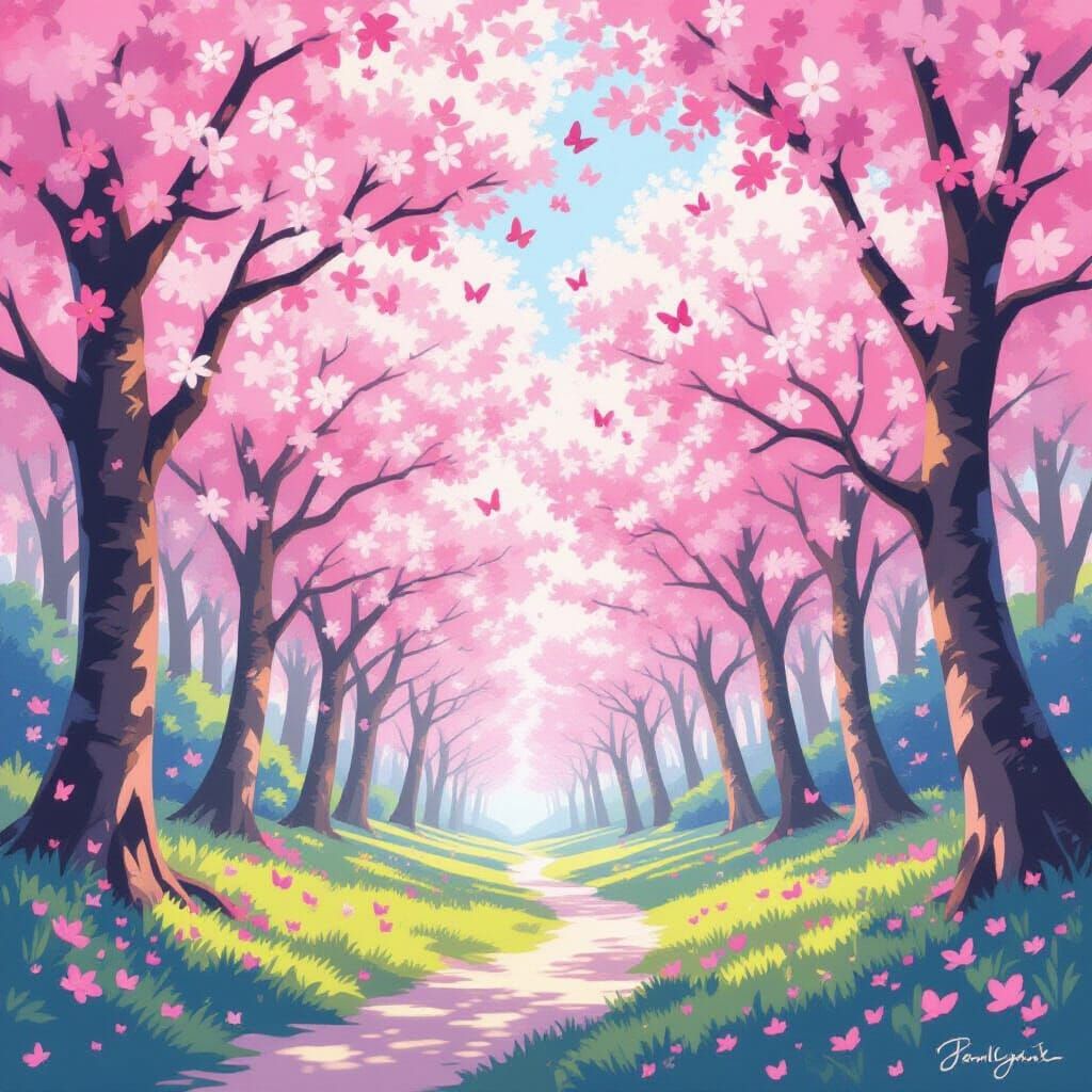 Whimsical Cherry Blossom Forest in Childlike Pink
