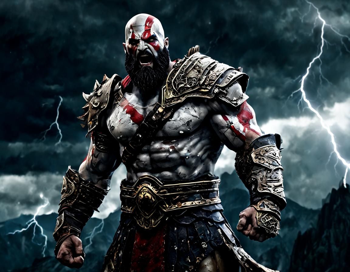 Illustrate Kratos standing atop the highest peak of Mount Ol...