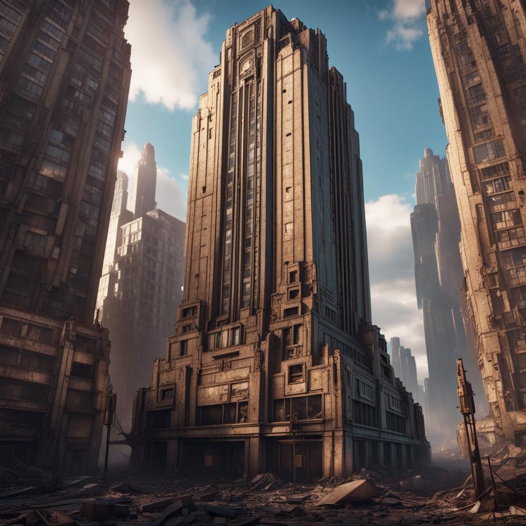 Ruined art deco skyscraper 8k resolution concept art hyperdetailed ...