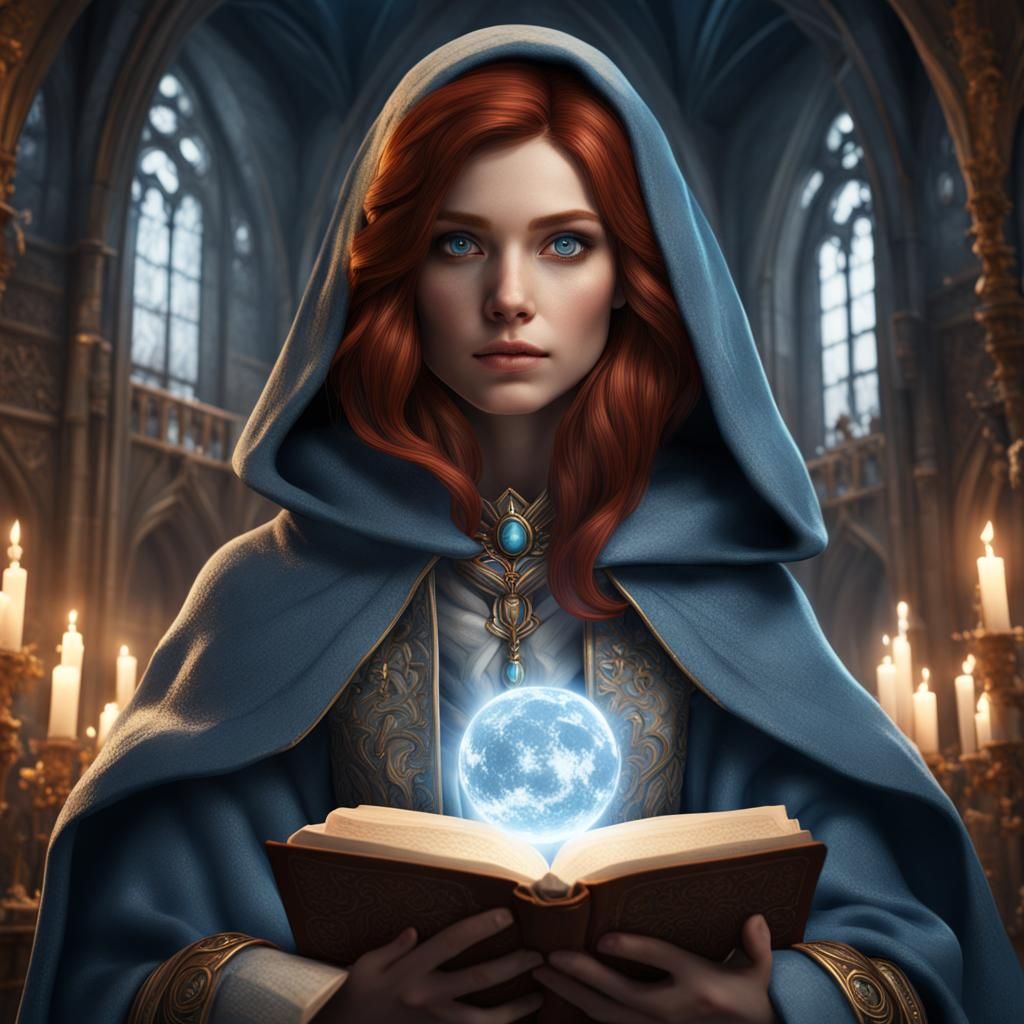 mystical girl with auburn hair and blue grey eyes wearing a ...
