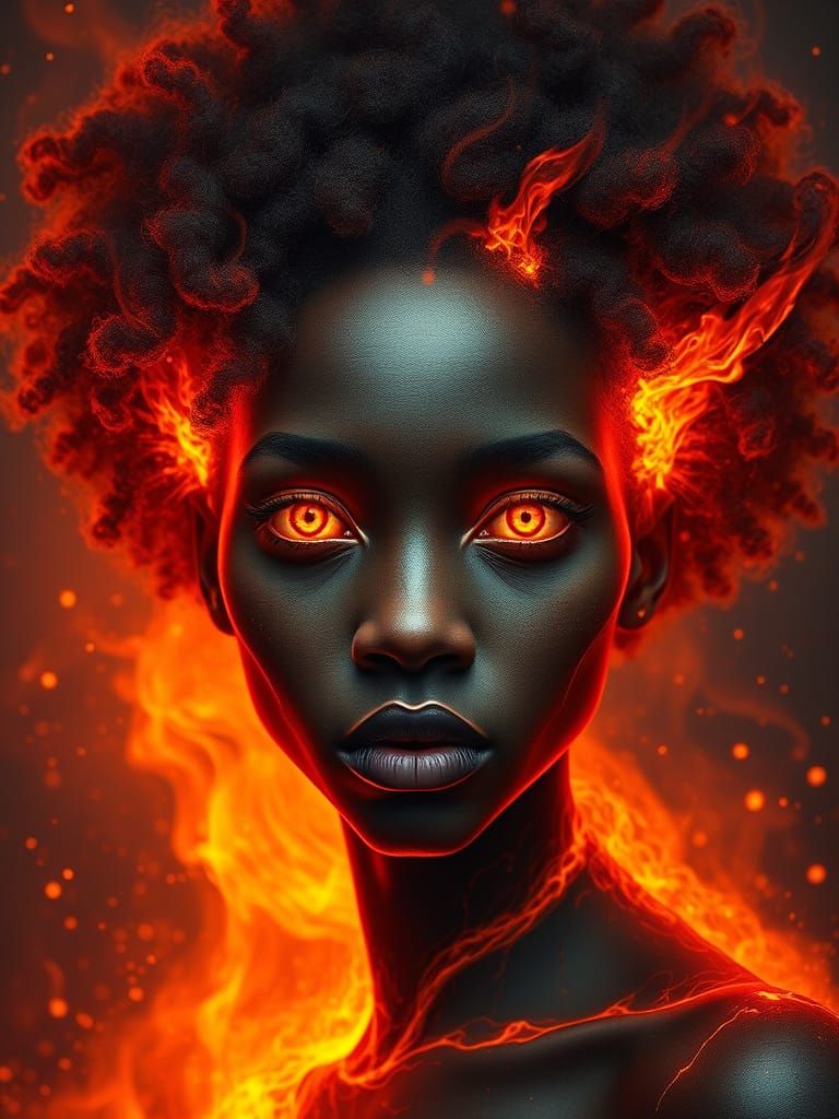 Black girl. Glowing orange eyes. Hair on fire. Cracks in her skin, floating with lava.   by @Leahh77