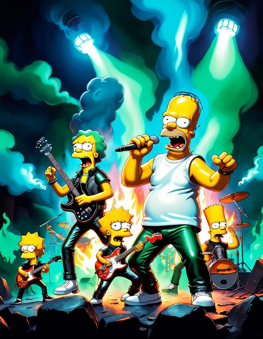 The Simpsons, as a cartoon metal rock band, snarling, scream...