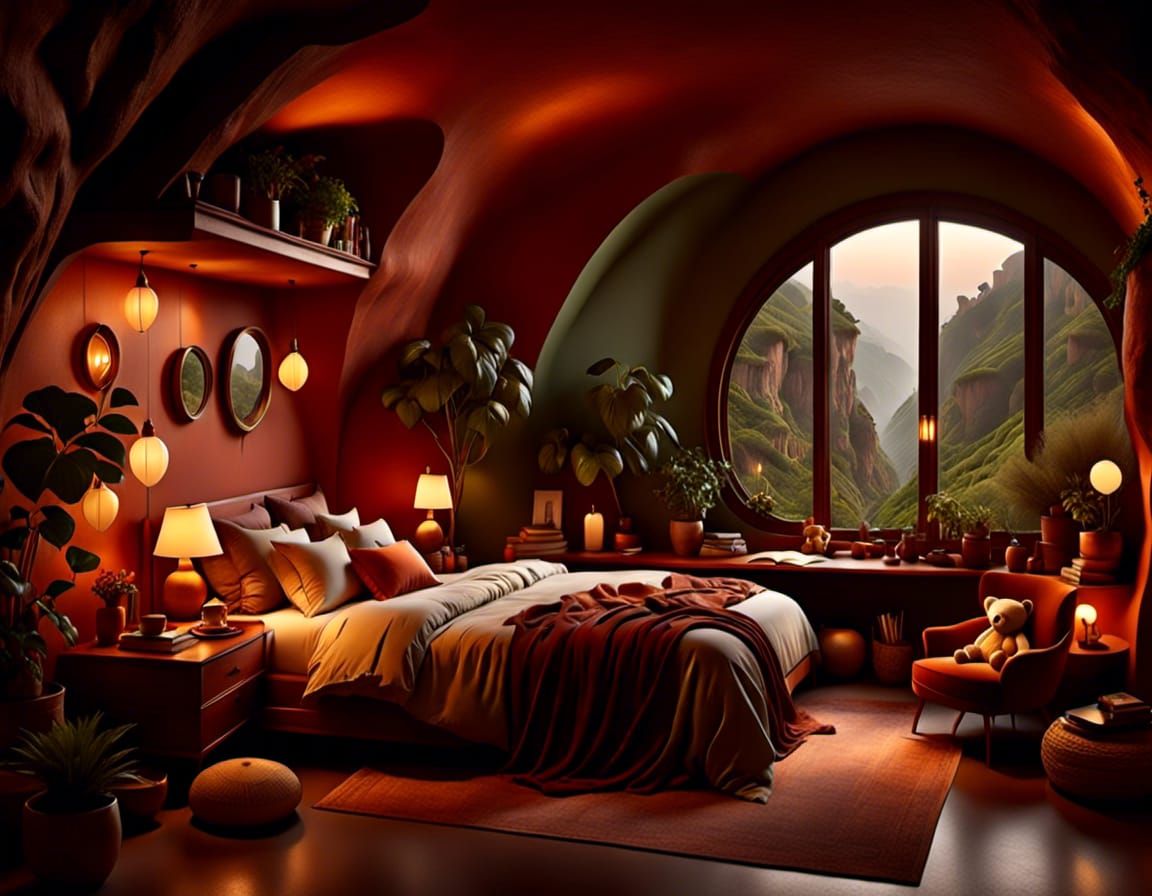 <lora:CaveHome:1.0> cozy bedroom with a desk and chair with a laptop a desklamp and an open book on the desk. house plants, large bed undon...