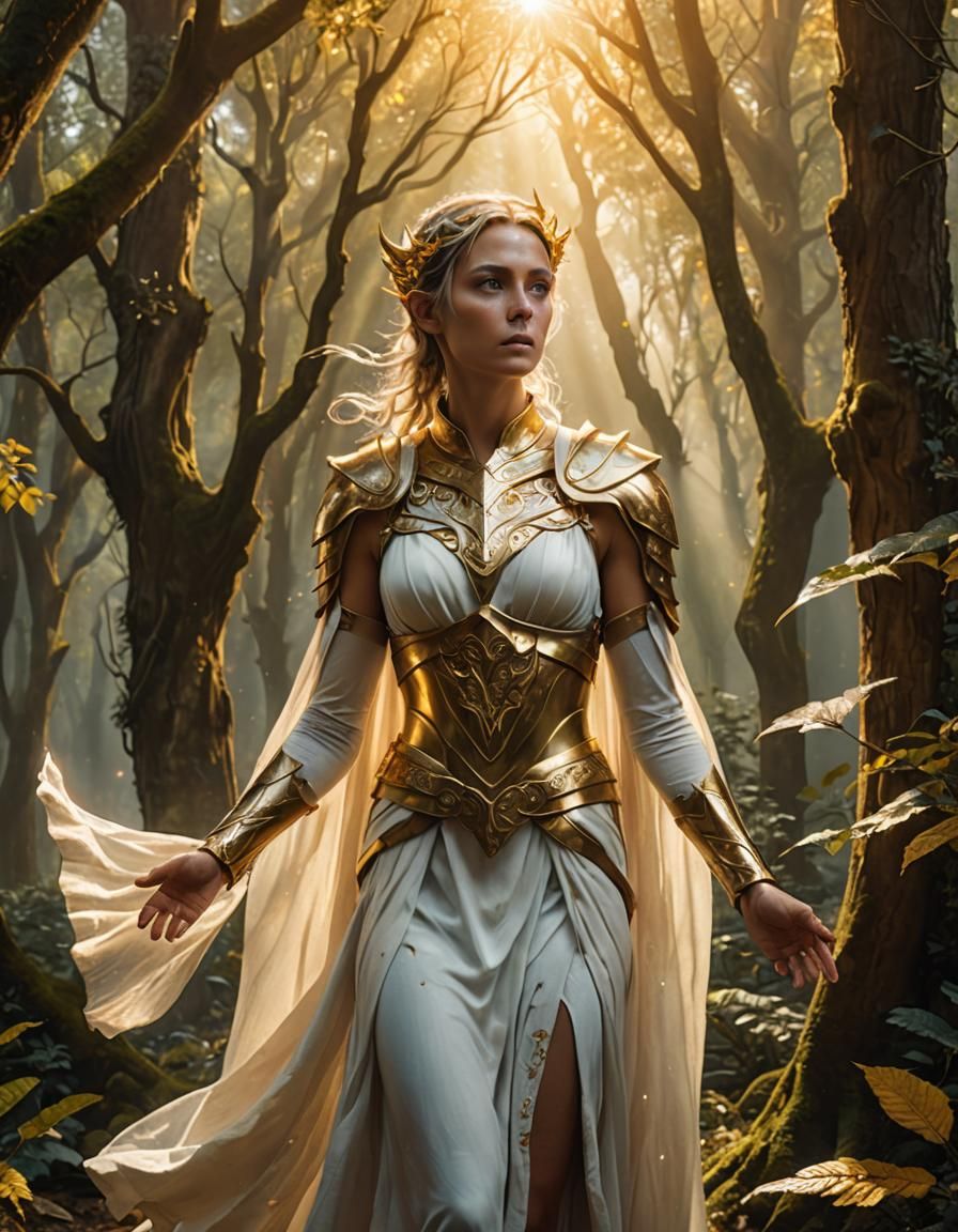 Sublime femme elfe portant une toge en voiles blancs avec une armure dorée détaillée, dans une forêt réaliste et enchantée, avec les halo d'...