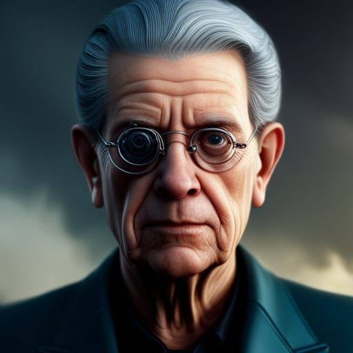 close up "cyborg Jaques Lacan" con lentes, retrato. diván, s...