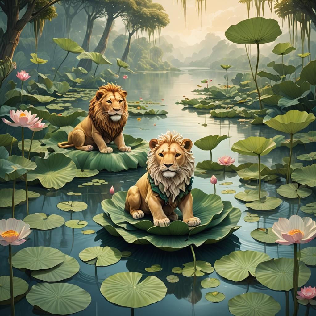 Whimsical Lion Cub on Lotus Leaf Boat