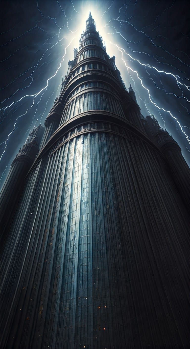 Skyscraper castle, grandiose, terrifying, lightning, panoram...