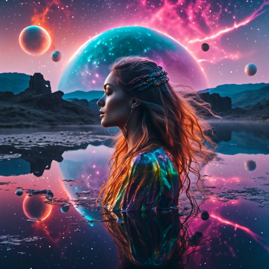 Double exposure. Side profile portrait of a beautiful woman. a colorful alien planet with huge moons reflected in the water in the valley <l...
