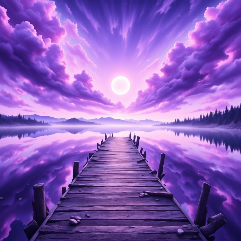 Calm Lake Pier Under Purple Sky Digital Painting