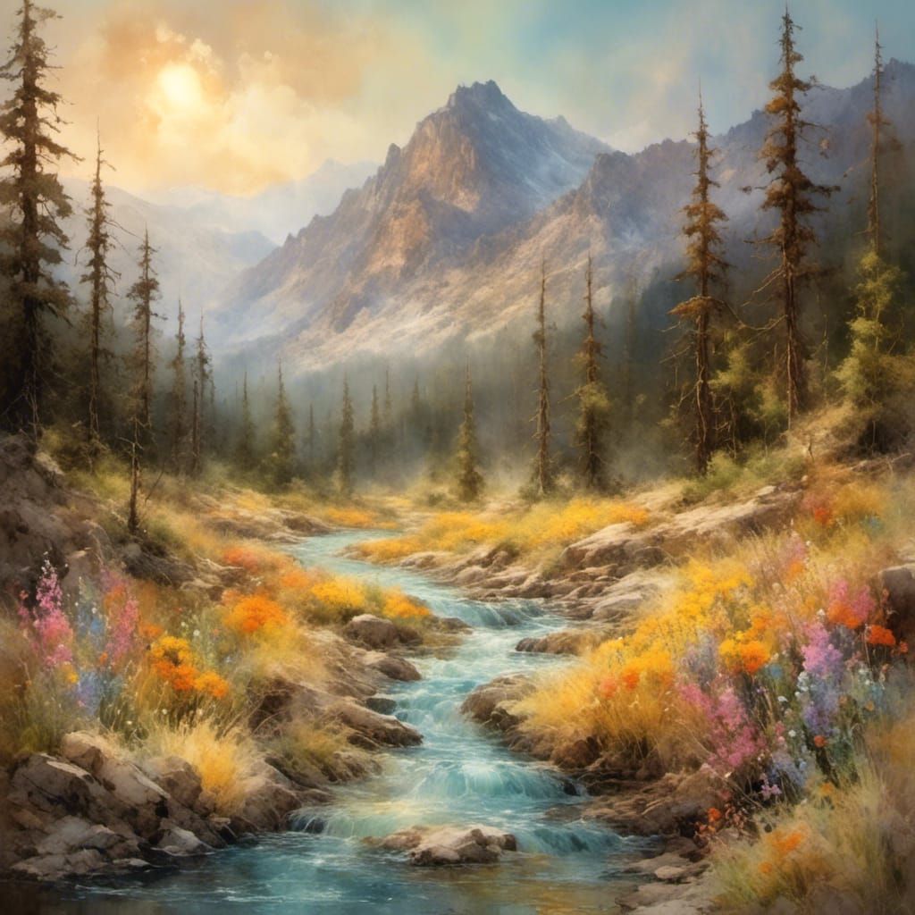 Mountain scene, with pines and a lazy river with wildflowers...
