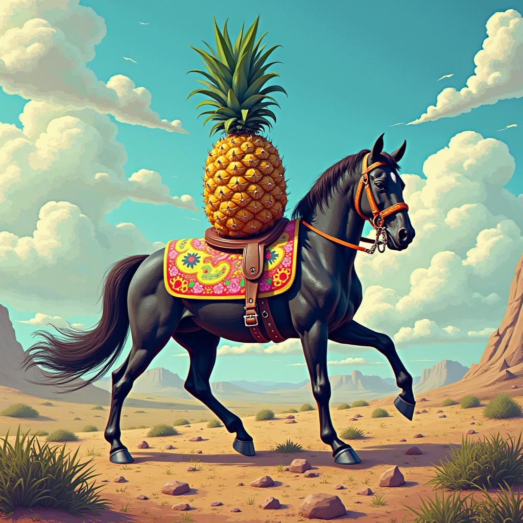Glitch art of a pineapple riding a horse