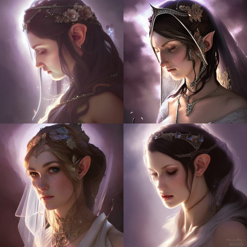 an elven bride looks with sorrow through a crystal veil. pointy ears