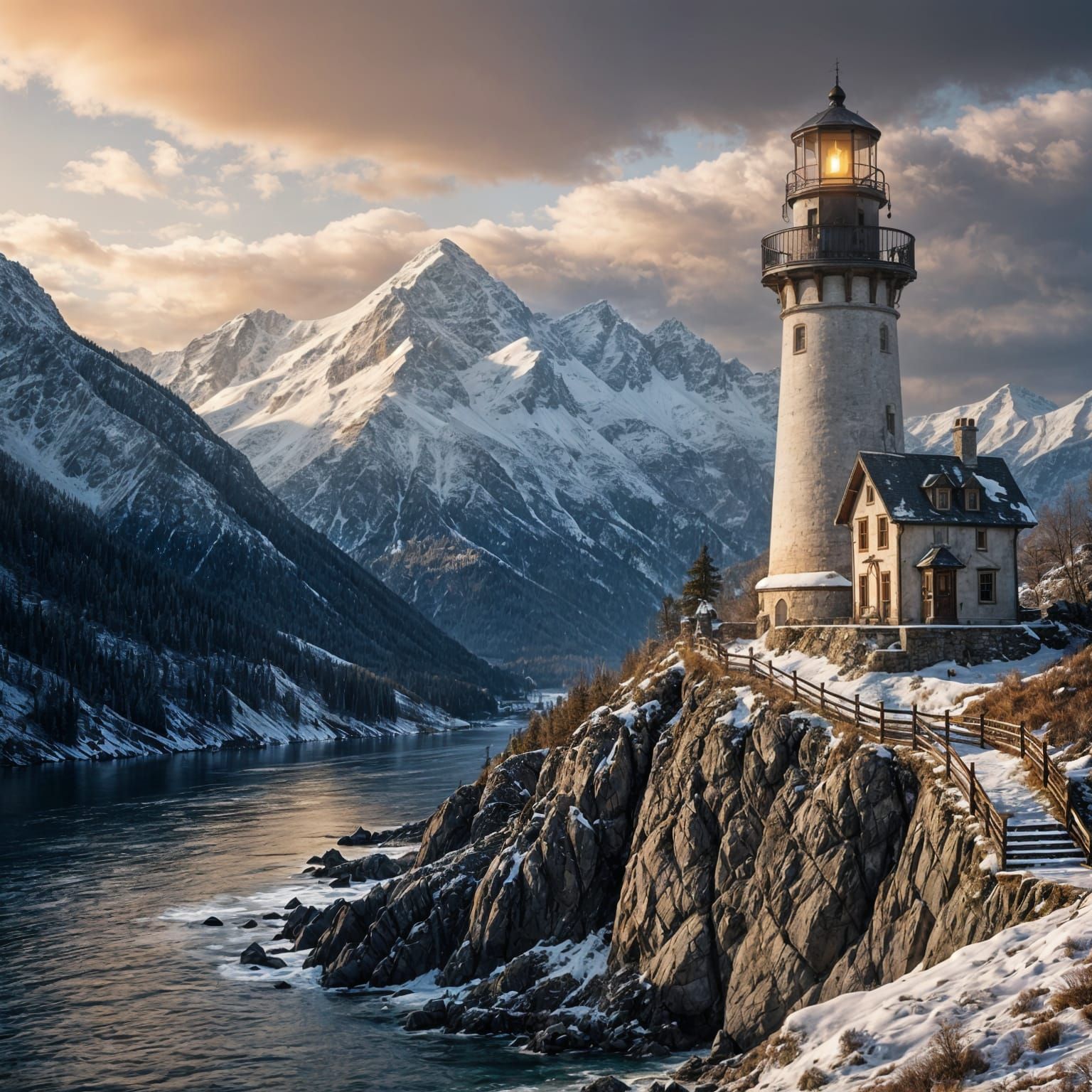 Gothic Lighthouse Amidst Snowy Mountains