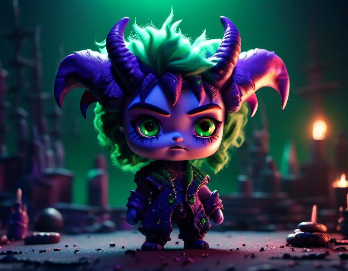 "cute adorable fluffy purple and emerald green chibi demon, portrait epic cinematography shot on Nikon D780, two horns, color grading, atmos...