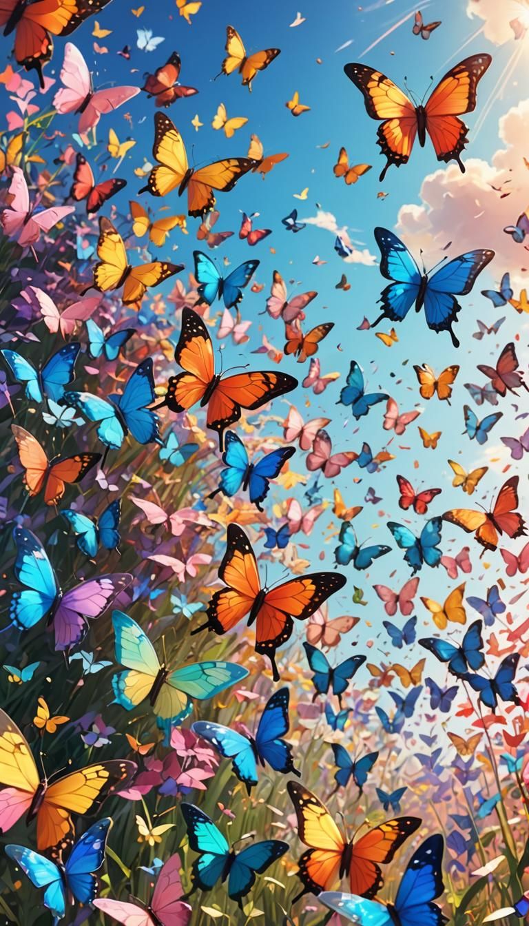 A field of colorful butterflies. Rainbow in sky. Puffy clouds. Rich vibrant colors. Grainy, 35mm.
